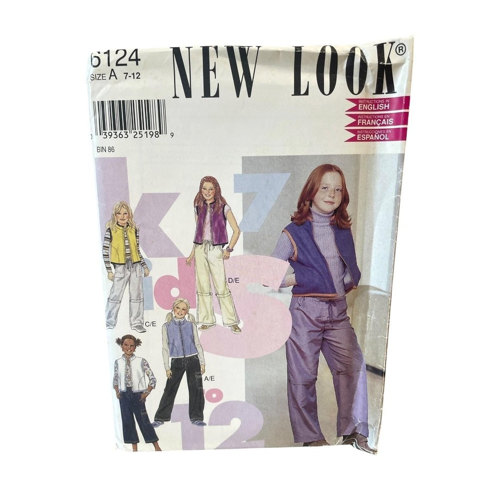 New Look 6124 Sewing Pattern Kids 7-12 Multicolor Vest Jacket Pants Y2K Uncut